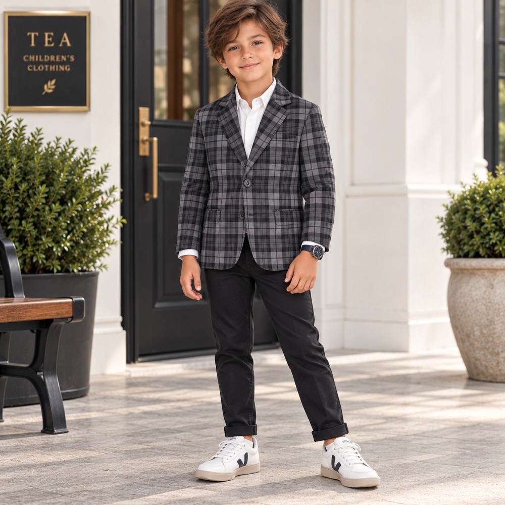 TEA COLLECTION Kids Boys Plaid Blazer Jacket 8 Gray Black Coat Cotton 21W23400